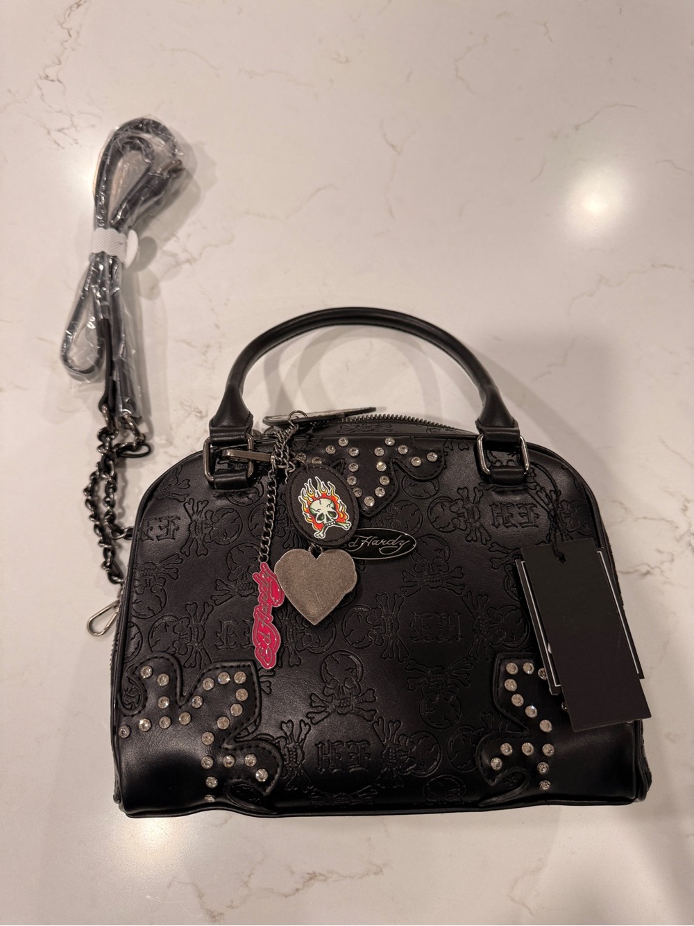Ed Hardy Black Embossed Satchel with Colorful Skull Charms - Picture 2 of 6